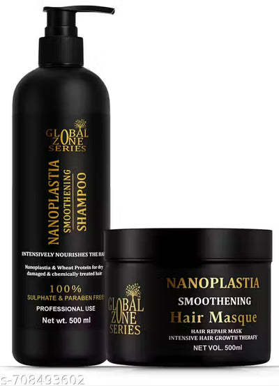 Global Zone Series Nanoplastia Smoothening Shampoo and Hair Masque, 500 ml Each, Sulphate and Paraben Free (GZS-BLACK-SMPU-MSK)