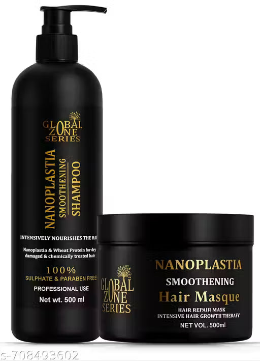 Global Zone Series Nanoplastia Smoothening Shampoo and Hair Masque, 500 ml Each, Sulphate and Paraben Free (GZS-BLACK-SMPU-MSK)
