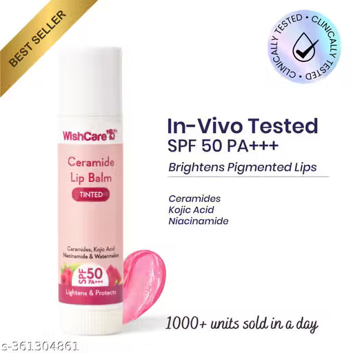 WishCare Tinted Ceramide Lip Balm with SPF50 PA+++ - Kojic Acid & Niacinamide - For Lip Lightening, Long Lasting Hydration - 5gm