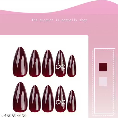 24 Artificial Fake Nail Set| Base maroon White Bow Glossy Nails| Lightweight & Long Lasting| Quick Fix For Festivals & Special Occasions