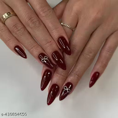 24 Artificial Fake Nail Set| Base maroon White Bow Glossy Nails| Lightweight & Long Lasting| Quick Fix For Festivals & Special Occasions
