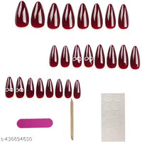 24 Artificial Fake Nail Set| Base maroon White Bow Glossy Nails| Lightweight & Long Lasting| Quick Fix For Festivals & Special Occasions