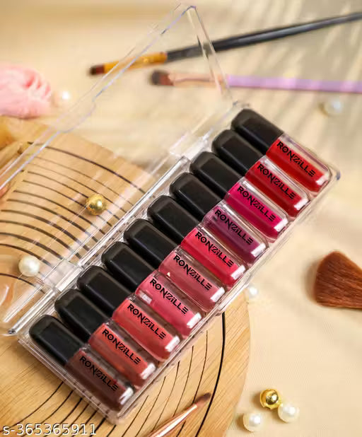 Ronzille Long Lasting Waterproof Non Transfer Mini Liquid Matte Lipstick Kit Set of 10 (Multicolor, 12 ml)