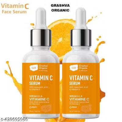 Grashva's Pore-Free Vitamin C Facial Serum For Dull & Uneven Skin With 10% Vitamin C & Hyaluronic Acid - Face Serum For Glowing Skin - All Skin Types - 30 ml pack of 2